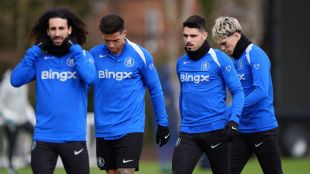 From left, Chelsea's Marc Cucurella, Enzo Fernandez, Pedro Neto and Alejandro Garnacho during a training session in Stoke d'Abernon, England, Monday, March 16, 2026, ahead of the Champions League match against Paris Saint-Germain