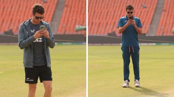 New Zealand captain Mitchell Santner inspecting the pitch at the Narendra Modi Stadium ahead of the T20 World Cup 2026 final