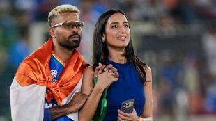 India's Hardik Pandya celebrates with partner Mahieka Sharma after India won the ICC Men's T20 World Cup 2026 final cricket match against New Zealand, at Narendra Modi Stadium, in Ahmedabad, Sunday, March 8, 2026