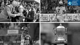 Kapil Dev holding the 1983 Cricket World Cup trophy at Lord's as India beat West Indies in the final alongside MS Dhoni, Sachin Tendulkar and IPL trophy