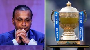 A somber-looking Anil Ambani placed side-by-side with the gold IPL trophy, representing his 8 failed bids in the 2008 franchise auction.