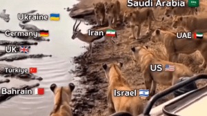 A viral meme shared by Harsh Goenka on X showing Iran as an antelope trapped between lions (USA, Israel, Saudi Arabia) and crocodiles (UK, Germany, Bahrain) representing current geopolitical tensions.