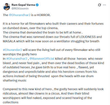 Ram Gopal Varma reviews Dhurandhar The Revenge