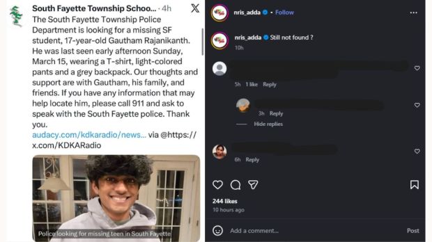 Missing reports for Indian-origin Gautham Rajanikanth.