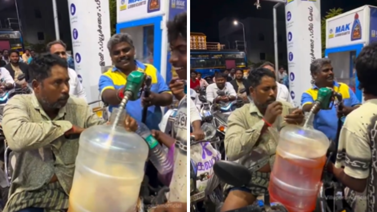 Man filling large plastic water jar with petrol at Villupuram Tamil Nadu petrol pump viral video Man filling large plastic water jar with petrol at Villupuram Tamil Nadu petrol pump viral video