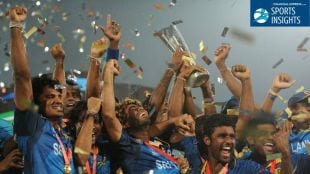Sri Lanka players celebrating with the 2014 T20 World Cup trophy after beating India in the final.