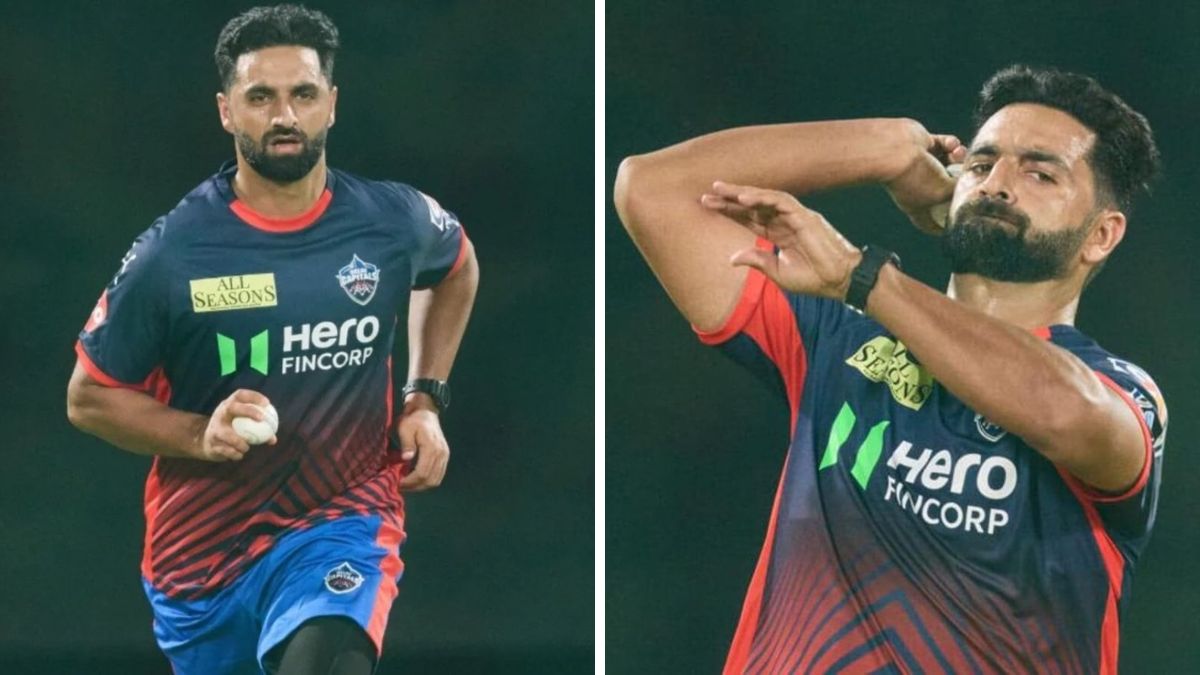 A split-screen image showing Delhi Capitals' bowler Auqib Nabi; on the left, he is running in to bowl, and on the right, he is shown in his bowling action during an IPL 2026 match. A split-screen image showing Delhi Capitals' bowler Auqib Nabi; on the left, he is running in to bowl, and on the right, he is shown in his bowling action during an IPL 2026 match.