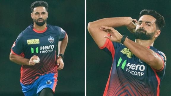 A split-screen image showing Delhi Capitals' bowler Auqib Nabi; on the left, he is running in to bowl, and on the right, he is shown in his bowling action during an IPL 2026 match.
