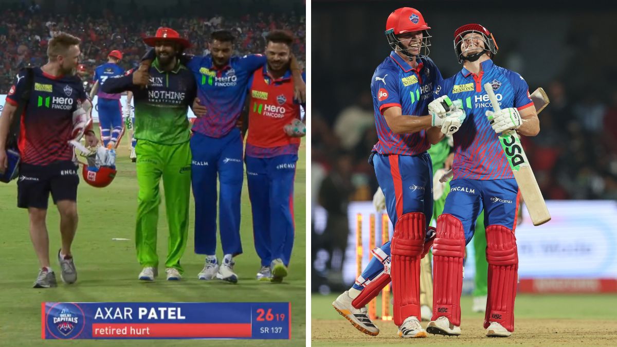 split-frame graphic from Match 26 of IPL 2026; the left side shows a dejected Axar Patel walking off "Retired Hurt" supported by teammates, while the right side shows David Miller and Tristan Stubbs celebrating Delhi Capitals' dramatic victory over RCB. split-frame graphic from Match 26 of IPL 2026; the left side shows a dejected Axar Patel walking off "Retired Hurt" supported by teammates, while the right side shows David Miller and Tristan Stubbs celebrating Delhi Capitals' dramatic victory over RCB.