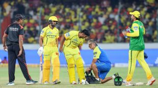 A photo from Match 27 of IPL 2026 at Hyderabad showing Ayush Mhatre (bent over) receiving medical attention on his left hamstring from a CSK physio. Skipper Ruturaj Gaikwad (center) watches the assessment with concern while an SRH player, wicketkeeper, and umpire stand nearby.