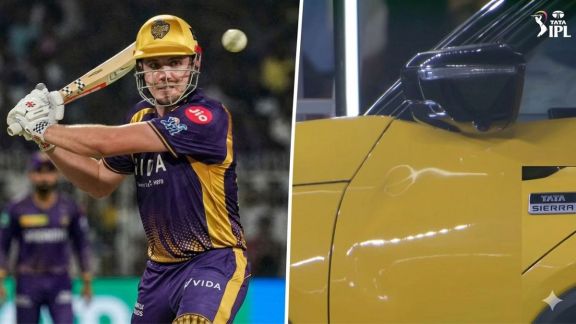 A side-by-side comparison image from an IPL 2026 match showing Cameron Green (KKR) mid-swing during a power-hitting performance, next to a close-up photograph of the localized dent on the bright yellow Tata Sierra display SUV caused by his six.
