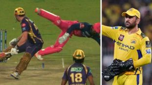 Split image showing Dhruv Jurel stumping Cameron Green with reverse flick on the left. On the right MS Dhoni with his wicketkeeping gloves as the Jurel stumping brings back memories of Dhoni's no-look flick run-outs as wicketkeeper.