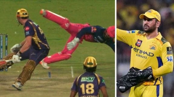 Split image showing Dhruv Jurel stumping Cameron Green with reverse flick on the left. On the right MS Dhoni with his wicketkeeping gloves as the Jurel stumping brings back memories of Dhoni's no-look flick run-outs as wicketkeeper.