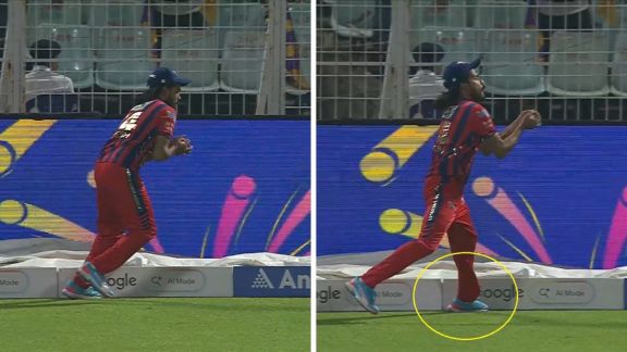 A screenshot of the replay showing Digvesh Rathi's shoe touching the boundary rope while catching Finn Allen's top edge in KKR vs LSG.