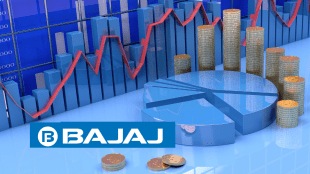 A professional financial infographic showing Bajaj Finance's 22% profit growth, the ₹5.09 lakh crore AUM milestone, and a photo of the Bajaj Finance headquarters.