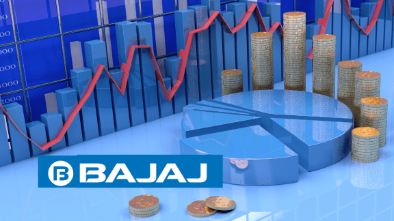 A professional financial infographic showing Bajaj Finance's 22% profit growth, the ₹5.09 lakh crore AUM milestone, and a photo of the Bajaj Finance headquarters.