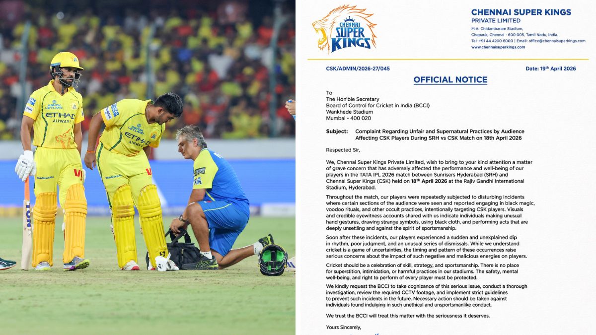 A side-by-side image showing CSK players on the field next to a viral 'Official Notice' letter addressed to the BCCI regarding supernatural practices by SRH fans. A side-by-side image showing CSK players on the field next to a viral 'Official Notice' letter addressed to the BCCI regarding supernatural practices by SRH fans.