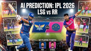 This high-energy collage features Rishabh Pant (LSG) on the left, mid-swing in a powerful batting stance, and Riyan Parag (RR) on the right, captured in a spirited celebration. Both players are shown in their official team kits against a vibrant, packed stadium backdrop for the IPL 2026 face-off.