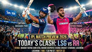 Features Rishabh Pant in the LSG jersey (left) and Riyan Parag in the RR jersey (right) in dynamic, action-oriented batting and celebration poses.
