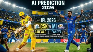 A cool poster for a 2026 IPL final between CSK and MI at Wankhede Stadium. It shows Ruturaj Gaikwad hitting a shot and Hardik Pandya celebrating in front of a huge, cheering crowd.