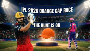 Virat Kohli and 15-year-old Vaibhav Sooryavanshi in a face-off for the IPL 2026 Orange Cap. The graphic features an Orange Cap on a pedestal with the text "The Hunt is On" in a cricket stadium setting.
