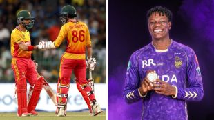 Blessing Muzarabani in KKR gear and Sikandar Raza in Zimbabwe jersey in a side-by-side frame highlighting Zimbabwe's IPL success.
