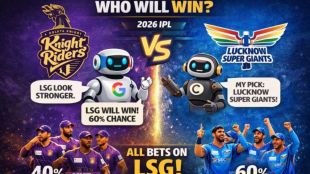 Infographic displaying the AI win probability for KKR vs LSG with logos of ChatGPT, Gemini, and Claude alongside KKR and LSG team colors.