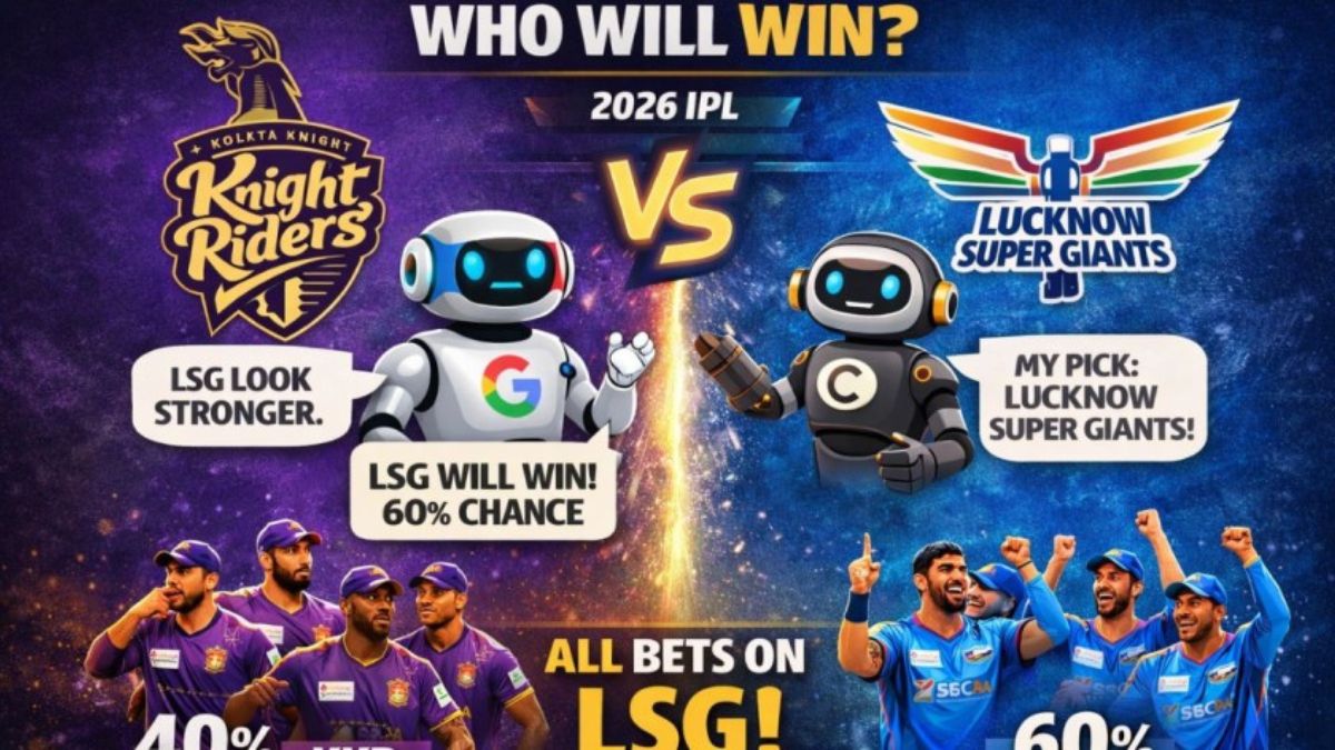 Infographic displaying the AI win probability for KKR vs LSG with logos of ChatGPT, Gemini, and Claude alongside KKR and LSG team colors. Infographic displaying the AI win probability for KKR vs LSG with logos of ChatGPT, Gemini, and Claude alongside KKR and LSG team colors.
