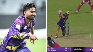 A side-by-side comparison focusing on the impact player of Match 28, Anukul Roy. The left side is a dynamic, close-up shot of KKR's Anukul Roy smiling in the purple and gold team jersey. The right side is a match-view shot from Eden Gardens showing Anukul Roy in KKR gear batting and playing a powerful, lofted six over long-off against Rajasthan Royals' bowler Jofra Archer.