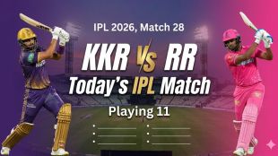 IPL 2026 match infographic for KKR vs RR at Eden Gardens. It features dynamic players in KKR (Purple/Gold) and RR (Pink) jerseys, separated by centered white text stating 'KKR vs RR Today's IPL Match'. Below this, the text 'Playing 11' is clearly displayed.