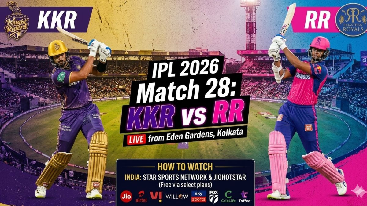 A promotional sports graphic for Match 28 of IPL 2026 between Kolkata Knight Riders (KKR) and Rajasthan Royals (RR) at Eden Gardens, Kolkata. The image features a KKR batter in purple and a Rajasthan Royals batter in pink on opposite sides of a central match title. The bottom section includes a "How To Watch" guide featuring logos for Star Sports, JioHotstar, Willow TV, Sky Sports, and Fox Sports. A promotional sports graphic for Match 28 of IPL 2026 between Kolkata Knight Riders (KKR) and Rajasthan Royals (RR) at Eden Gardens, Kolkata. The image features a KKR batter in purple and a Rajasthan Royals batter in pink on opposite sides of a central match title. The bottom section includes a "How To Watch" guide featuring logos for Star Sports, JioHotstar, Willow TV, Sky Sports, and Fox Sports.