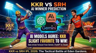 KKR vs SRH IPL 2026 AI winner prediction graphic featuring Gemini, ChatGPT, and Claude logos with match details at Eden Gardens.