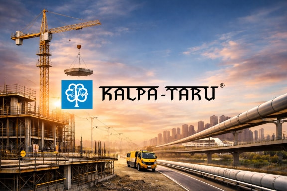 A financial chart showing Kalpataru Projects' 20-25% revenue CAGR for Power T&D, its Rs 600 crore payment recovery from the Water business, and Emkay’s target price of Rs 1,450.