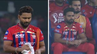 A two-panel image showing a dejected Rishabh Pant at the Ekana Cricket Stadium during the Match 32 collapse against Rajasthan Royals. In the left panel, he is seen looking down while removing his batting gloves. In the right panel, he sits somberly in the dugout surrounded by teammates after his three-ball duck. Both images show him in the red, blue, and gold LSG jersey.