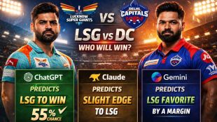 Infographic showing AI match winner predictions for LSG vs DC by ChatGPT, Claude, and Gemini.