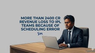 Illustration of Lalit Modi next to text citing a 2400 Cr IPL revenue loss due to scheduling errors.