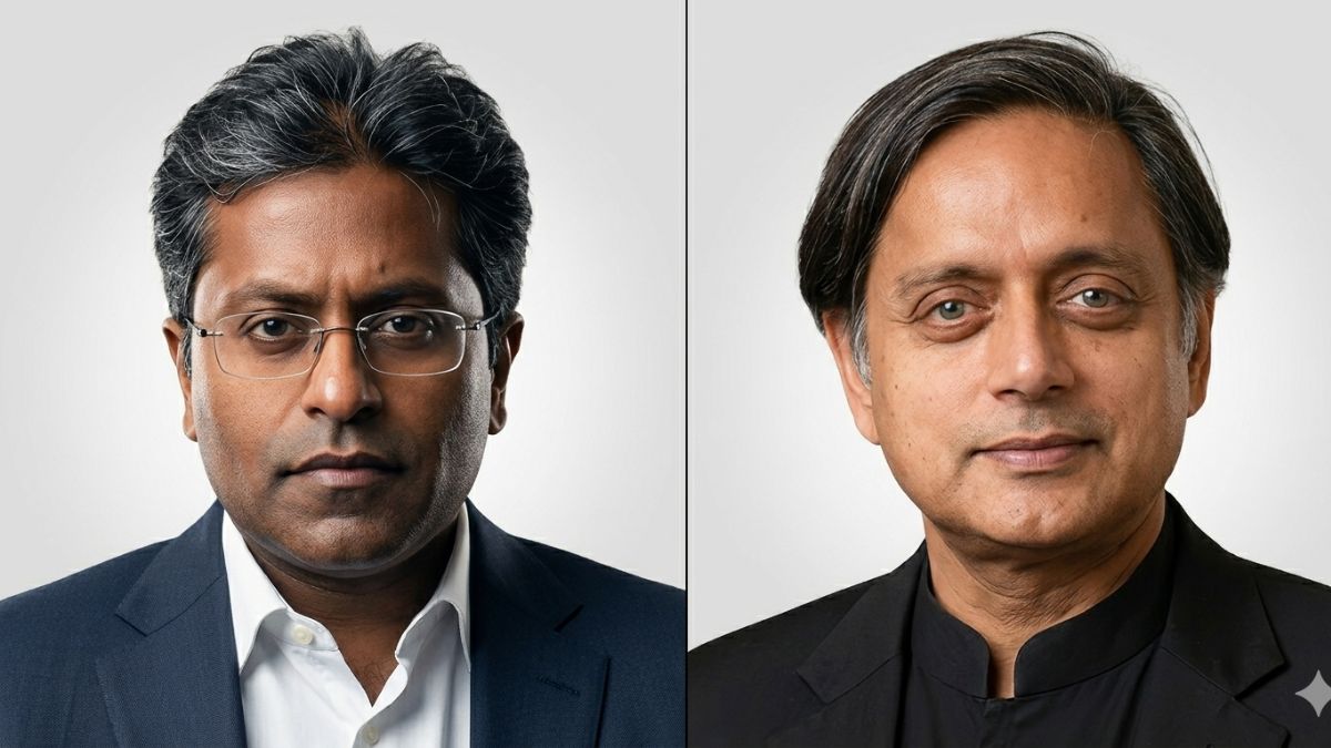 A split-screen comparison of Lalit Modi (left), in a blue suit with glasses, and Shashi Tharoor (right), in a black bandhgala jacket, both presented in professional close-up portraits. A split-screen comparison of Lalit Modi (left), in a blue suit with glasses, and Shashi Tharoor (right), in a black bandhgala jacket, both presented in professional close-up portraits.