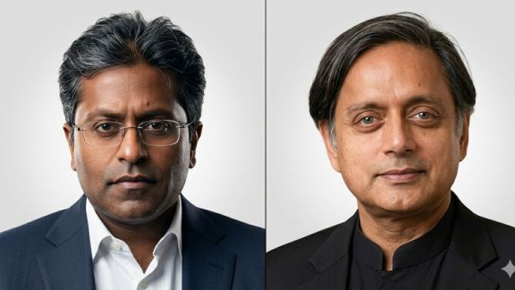 A split-screen comparison of Lalit Modi (left), in a blue suit with glasses, and Shashi Tharoor (right), in a black bandhgala jacket, both presented in professional close-up portraits.