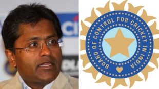 A side-by-side composite image featuring a close-up portrait of former IPL commissioner Lalit Modi on the left, wearing glasses and a light-colored suit. On the right is the official circular blue and gold emblem of the Board of Control for Cricket in India (BCCI).