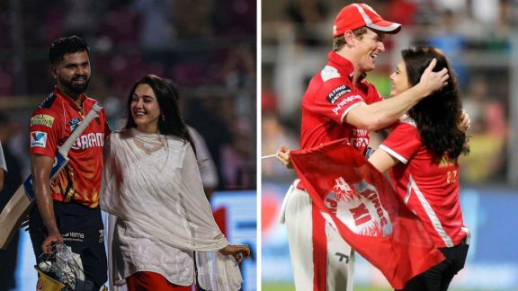 A side-by-side comparison of Punjab Kings co-owner Preity Zinta celebrating two historic IPL eras. The left panel shows her in 2026 wearing a white ethnic outfit, walking and smiling alongside current captain Shreyas Iyer, who is in full batting gear. The right panel is a throwback to 2014, showing a joyful Preity Zinta in a red team jersey being hugged by then-skipper George Bailey on the field.