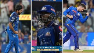 A three-panel split image showing Shardul Thakur celebrating (left), the TV broadcast graphic of Danish Malewar being caught by Samson off Hosein (center), and Mitchell Santner celebrating a wicket before his injury (right).