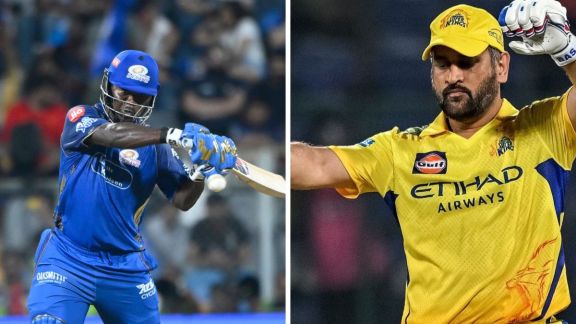 Sherfane Rutherford (MI) hitting a six over long-on at Wankhede Stadium with a split-screen or overlay of MS Dhoni (CSK) in a similar posture.