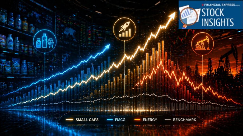 A technical stock market chart showing Nifty 50 and sectoral indices like FMCG, Energy, and IT relative to their 10-day Simple Moving Average (SMA) lines. A technical stock market chart showing Nifty 50 and sectoral indices like FMCG, Energy, and IT relative to their 10-day Simple Moving Average (SMA) lines.