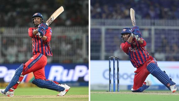 Mukul Choudhary (LSG) playing a helicopter shot against KKR at Eden Gardens during his match-winning 54* on April 9, 2026.