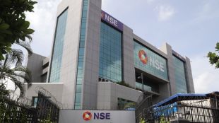 A panoramic view of the NSE building with a digital overlay showing "30 Years of Nifty 50," "$5.3 Trillion Market Cap," and "13 Crore Investors."