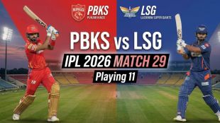 Infographic for IPL 2026 Match 29 PBKS vs LSG Today's IPL Match Playing 11 at Mullanpur Stadium. Features Shreyas Iyer and Rishabh Pant in team jerseys with clean centered text.