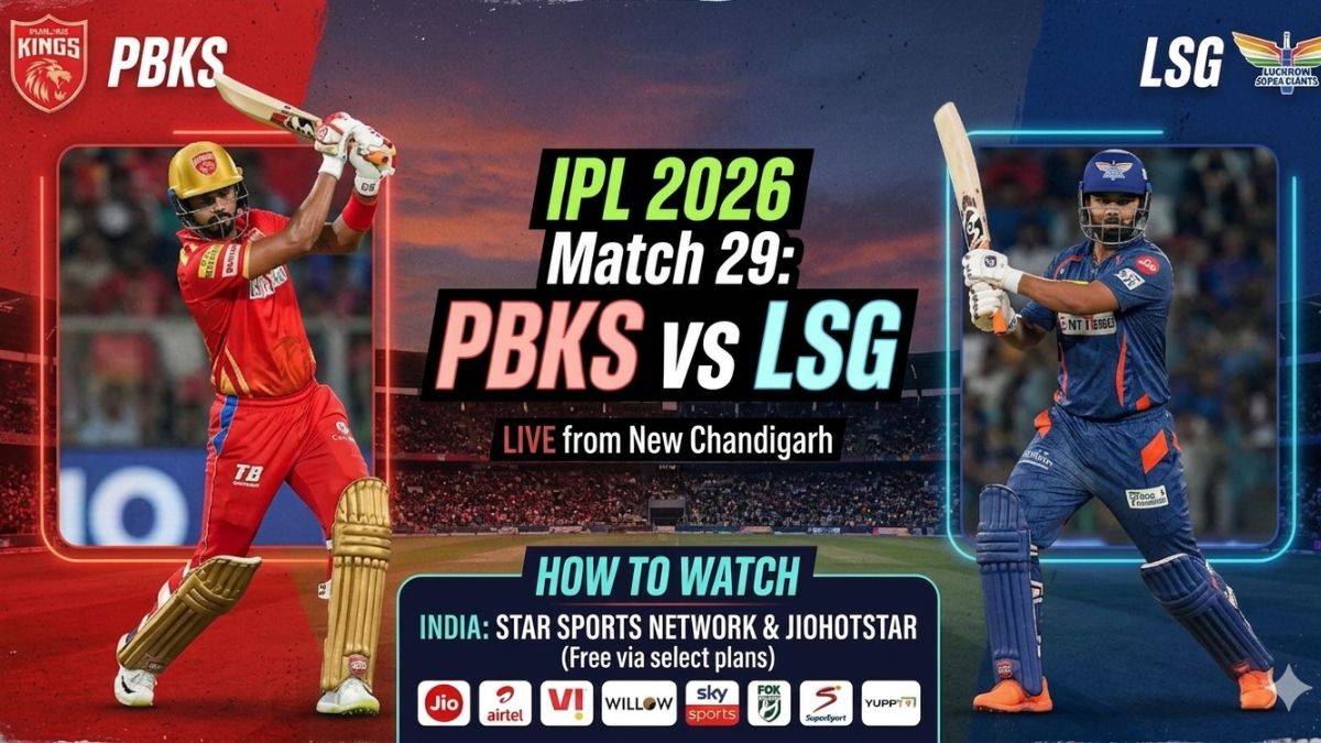 A dynamic promotional graphic for Match 29 of IPL 2026 between Punjab Kings (PBKS) and Lucknow Super Giants (LSG). The central focus is 'IPL 2026 Match 29: PBKS vs LSG' in bold font, with 'LIVE from New Chandigarh' below it. The left features a PBKS batter (Shreyas Iyer) and the right an LSG batter (Rishabh Pant) on opposite sides of the title. The bottom includes a comprehensive 'HOW TO WATCH' section with logos for Star Sports, JioHotstar, Willow TV, Sky Sports, and SuperSport. A dynamic promotional graphic for Match 29 of IPL 2026 between Punjab Kings (PBKS) and Lucknow Super Giants (LSG). The central focus is 'IPL 2026 Match 29: PBKS vs LSG' in bold font, with 'LIVE from New Chandigarh' below it. The left features a PBKS batter (Shreyas Iyer) and the right an LSG batter (Rishabh Pant) on opposite sides of the title. The bottom includes a comprehensive 'HOW TO WATCH' section with logos for Star Sports, JioHotstar, Willow TV, Sky Sports, and SuperSport.