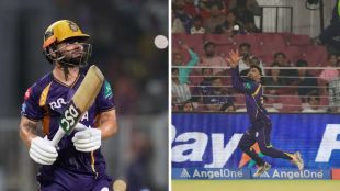 Two panel image shows Rinku Singh batting and hitting four sixes in a row to Digvesh Rathi on the left. On the right, he is taking a sensational catch of Aiden Markram at the Ekana Stadium in Lucknow.