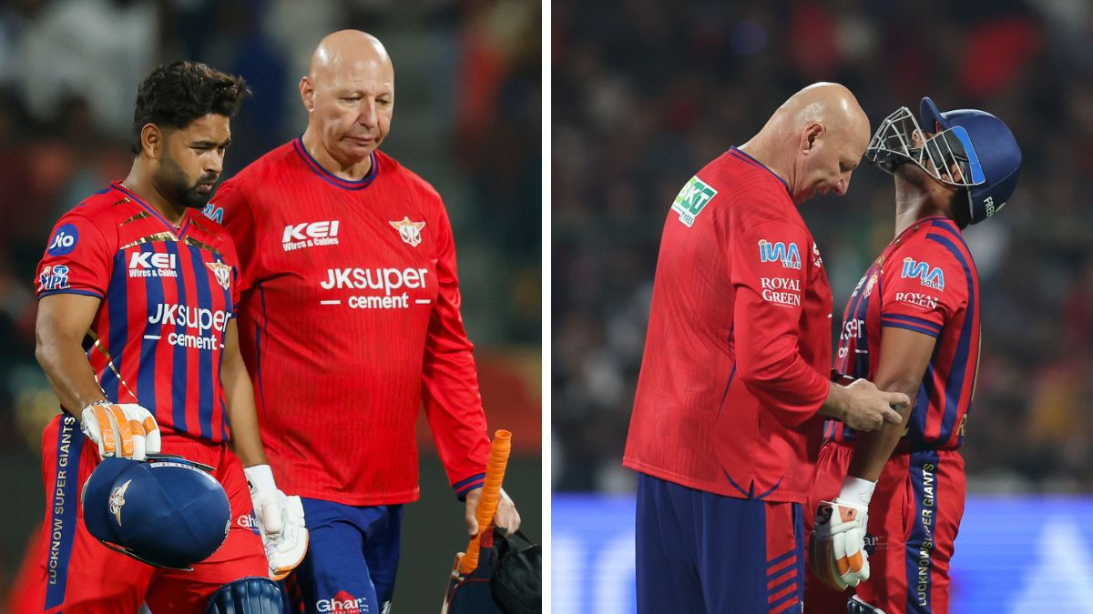 Rishabh Pant walking off retired hurt after being hit by Josh Hazlewood in RCB vs LSG Match 23. Rishabh Pant walking off retired hurt after being hit by Josh Hazlewood in RCB vs LSG Match 23.