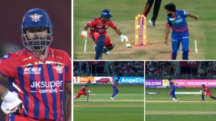 Rishabh Pant dejected, and the sequence of Mukesh Kumar deflecting a drive into the stumps.